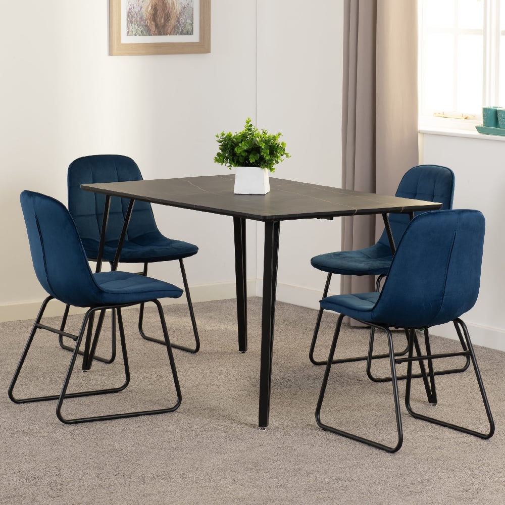 Read more about Mequon black marble effect dining table with 4 lyster blue chairs