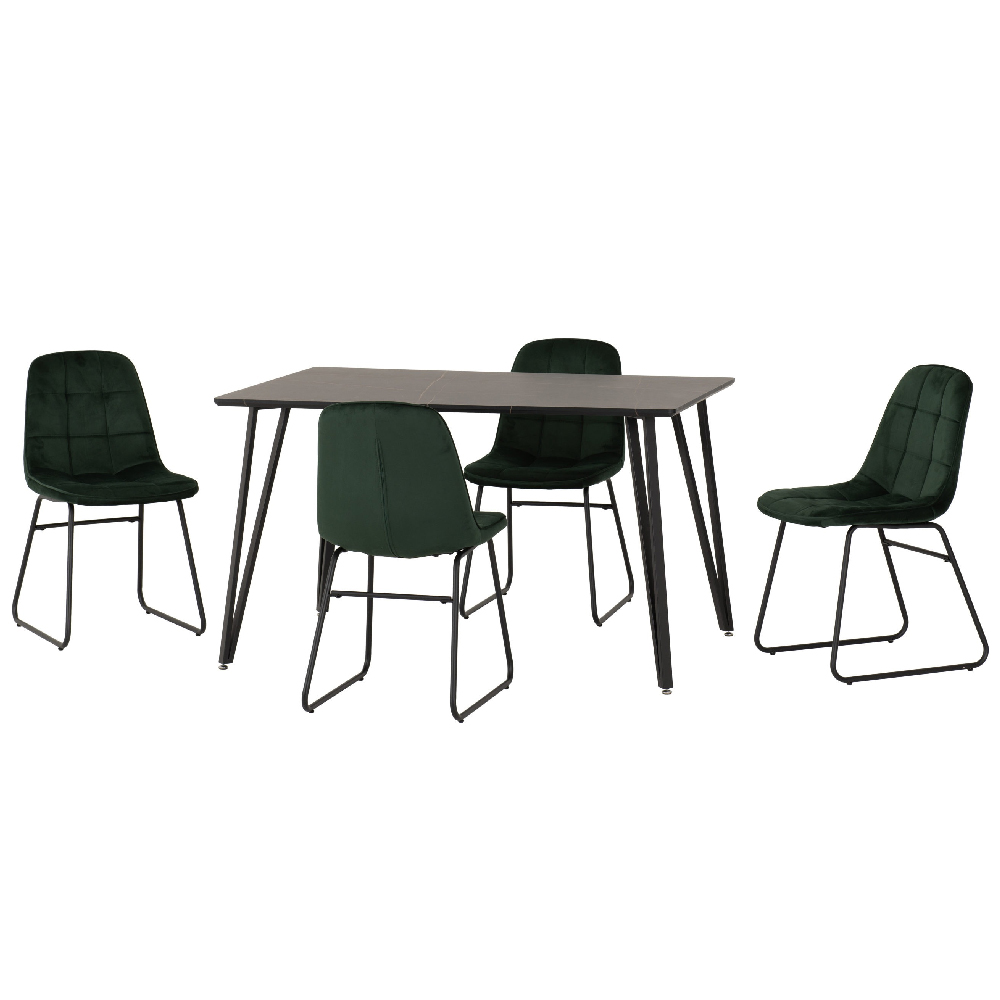 Mequon Black Marble Effect Dining Table With 4 Lyster Green Chairs