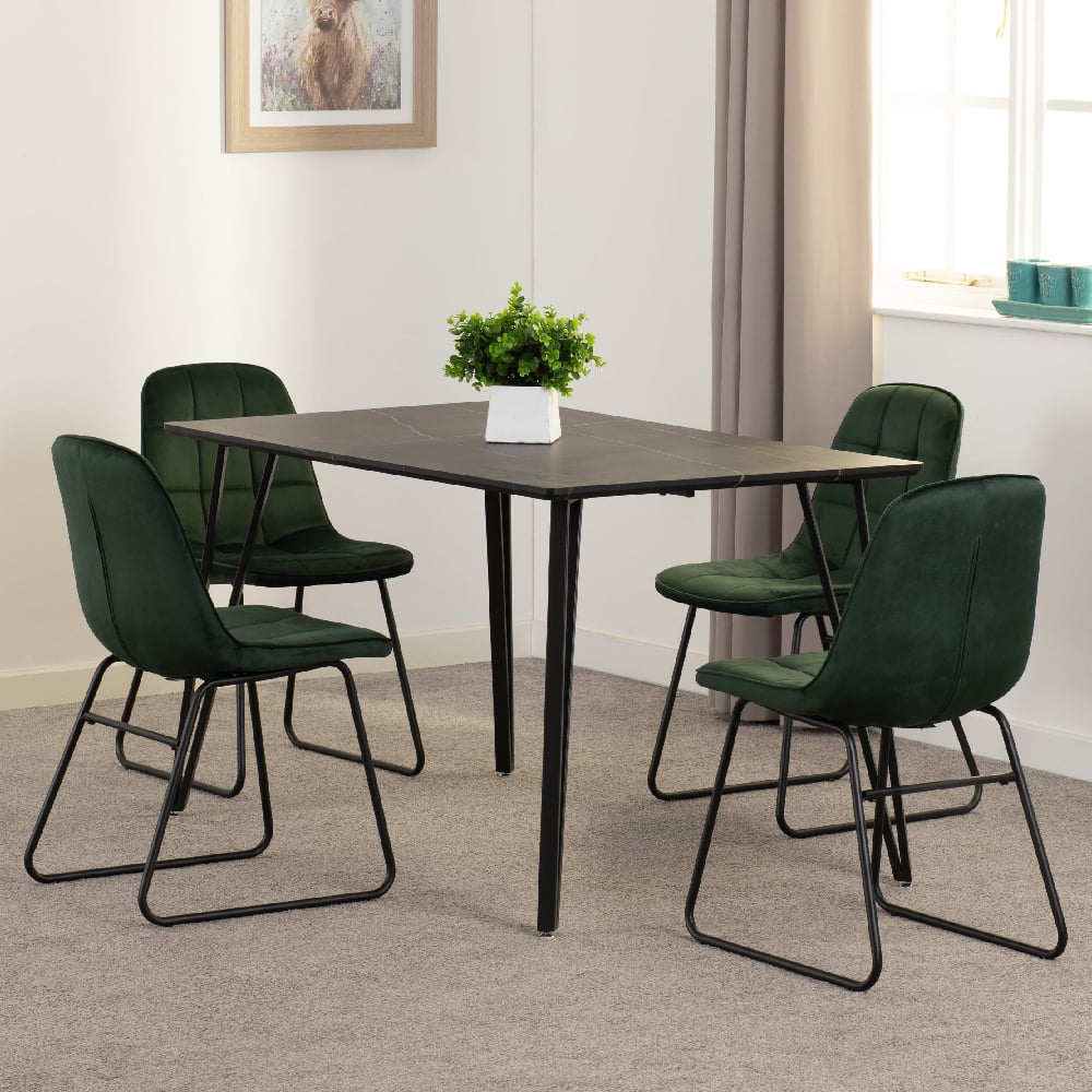 Read more about Mequon black marble effect dining table with 4 lyster green chairs