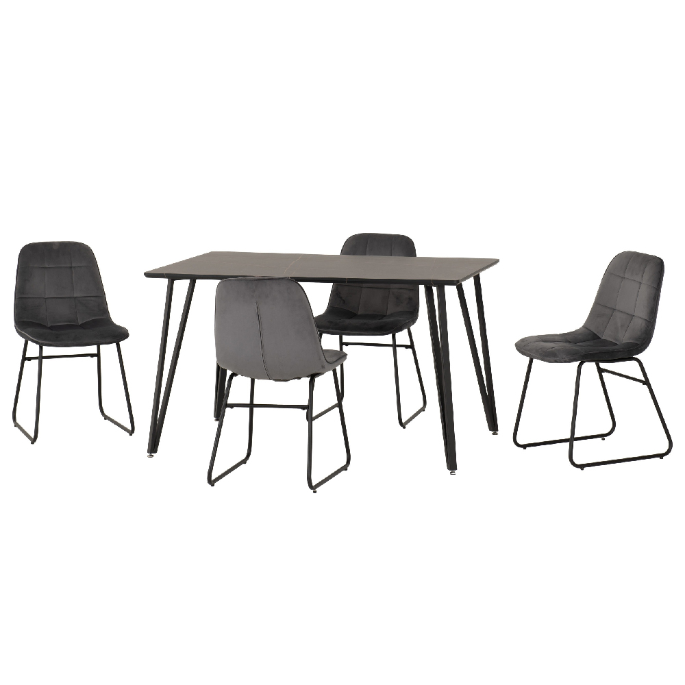 Mequon Black Marble Effect Dining Table With 4 Lyster Grey Chairs