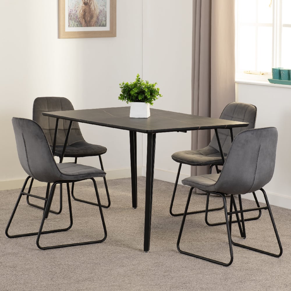 Read more about Mequon black marble effect dining table with 4 lyster grey chairs