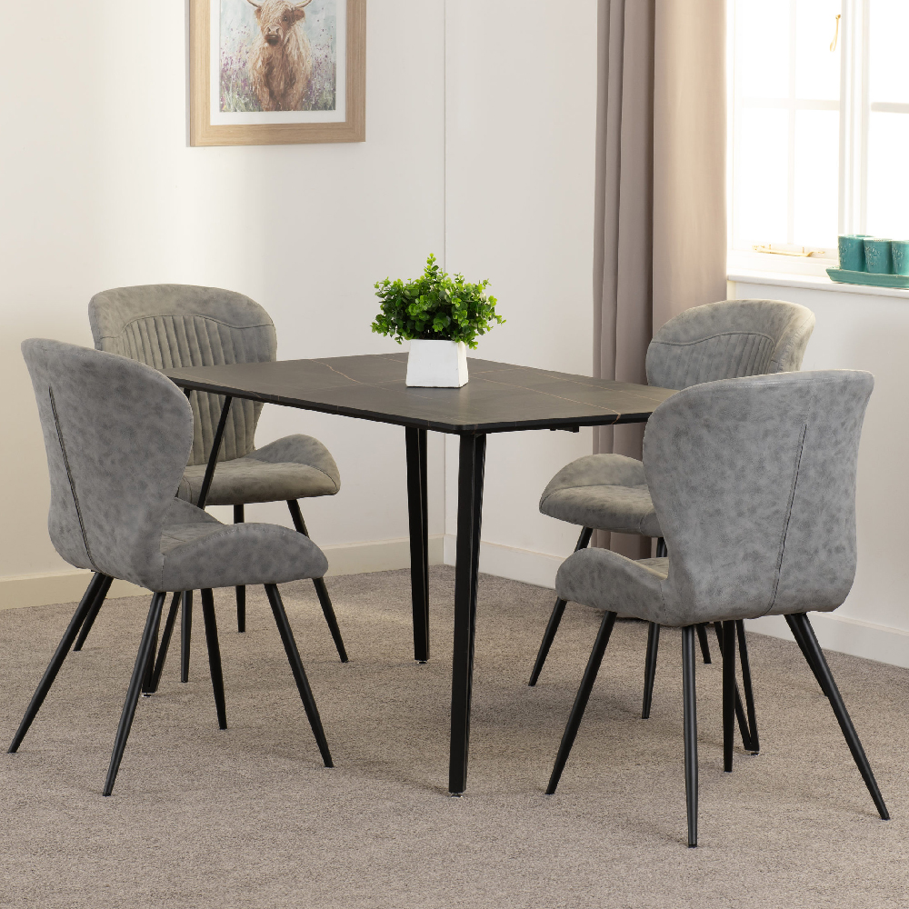 Read more about Mequon black marble effect dining table with 4 qinson grey chairs