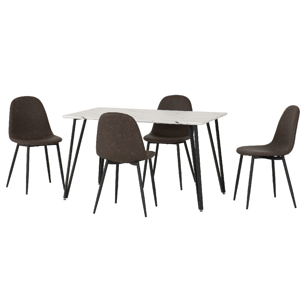 Mequon White Marble Effect Dining Table With 4 Alsip Brown Chairs