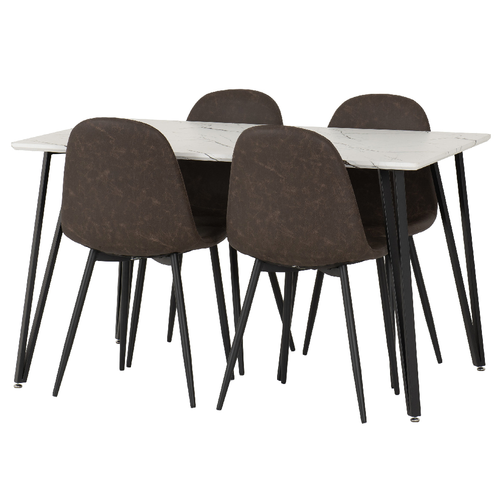Mequon White Marble Effect Dining Table With 4 Alsip Brown Chairs