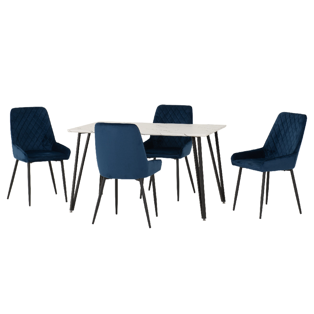 Mequon White Marble Effect Dining Table With 4 Avah Blue Chairs