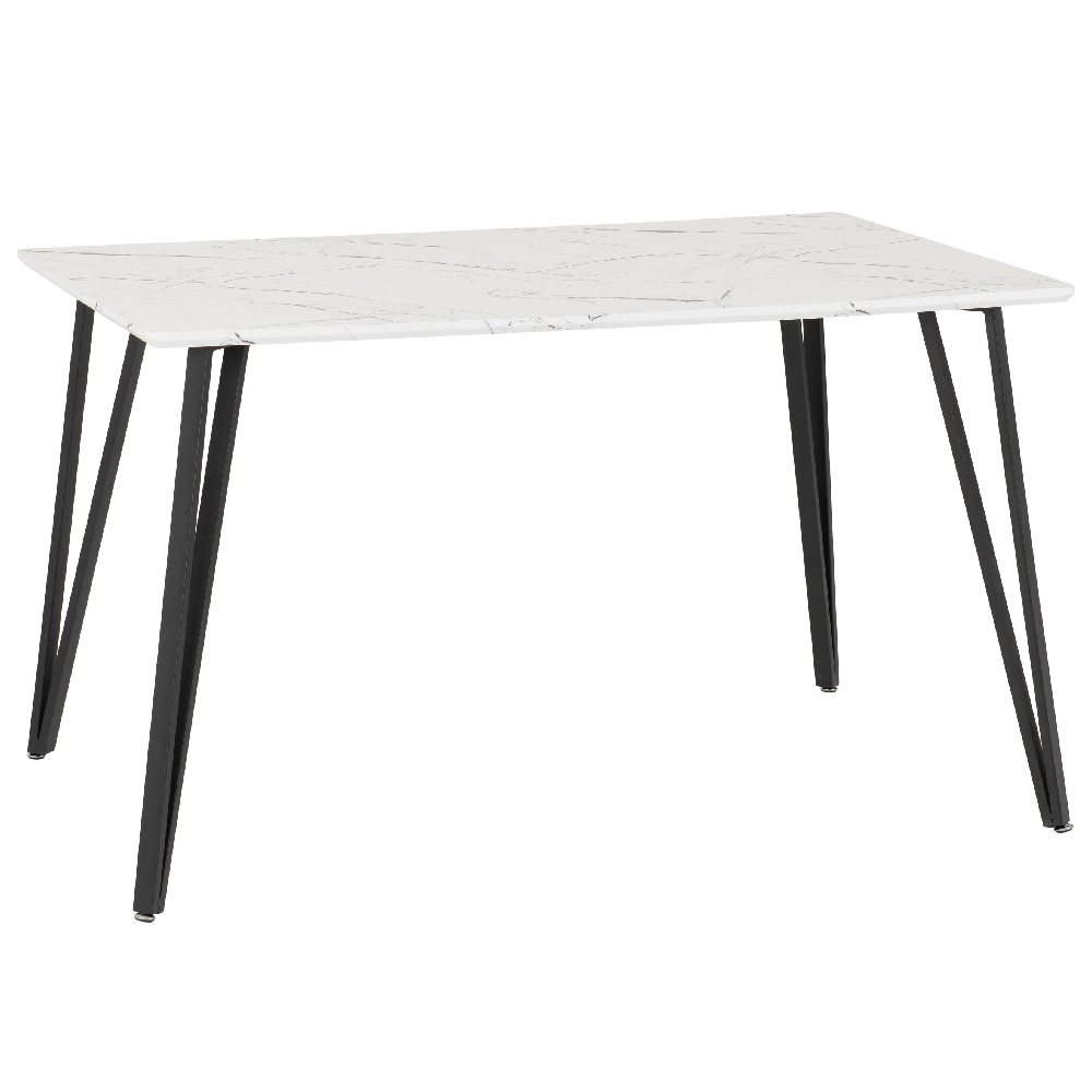 Mequon White Marble Effect Dining Table With 4 Avah Blue Chairs
