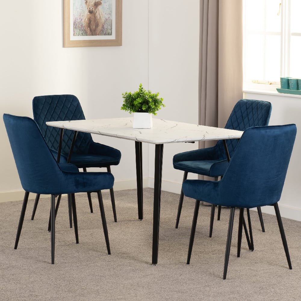 Read more about Mequon white marble effect dining table with 4 avah blue chairs