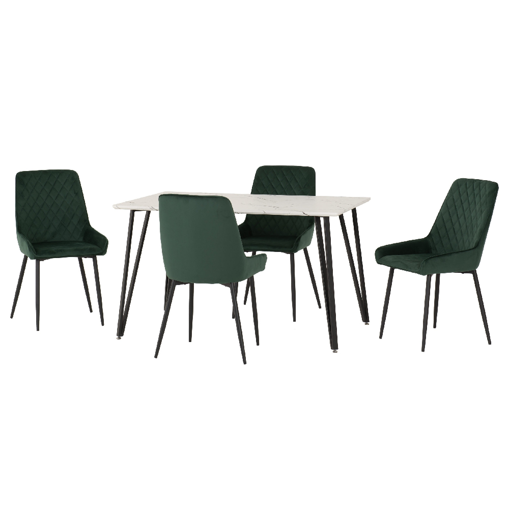 Mequon White Marble Effect Dining Table With 4 Avah Green Chairs