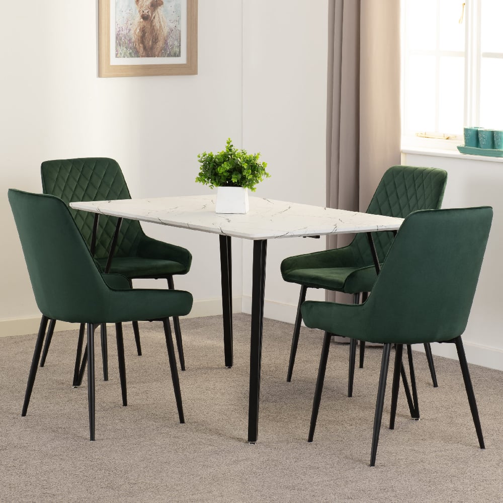 Read more about Mequon white marble effect dining table with 4 avah green chairs