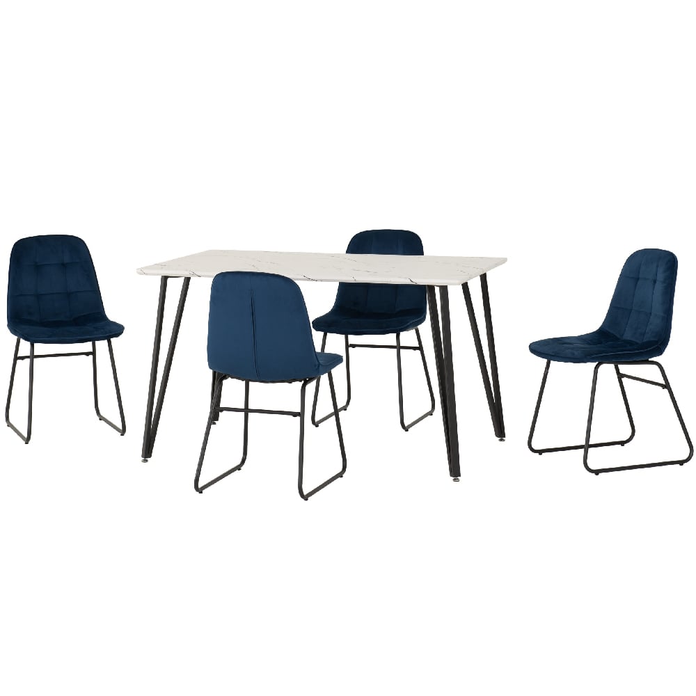 Mequon White Marble Effect Dining Table With 4 Lyster Blue Chairs