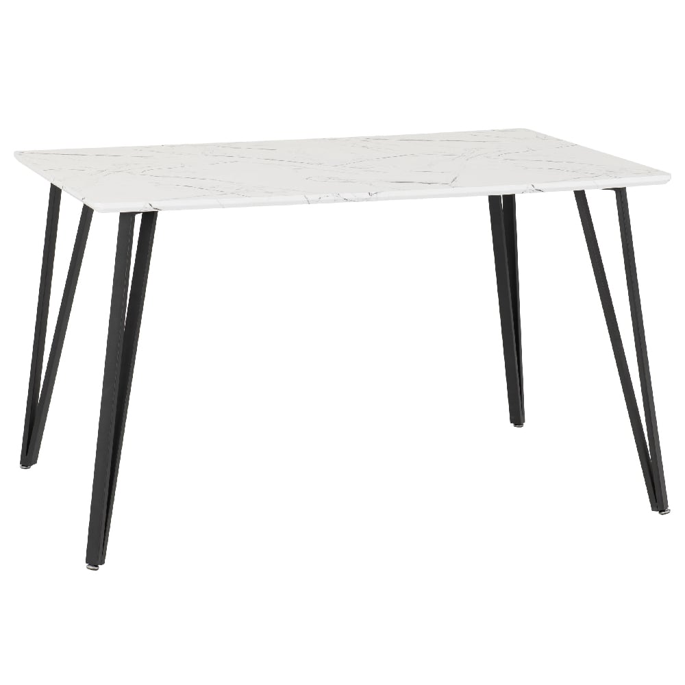Mequon White Marble Effect Dining Table With 4 Lyster Blue Chairs