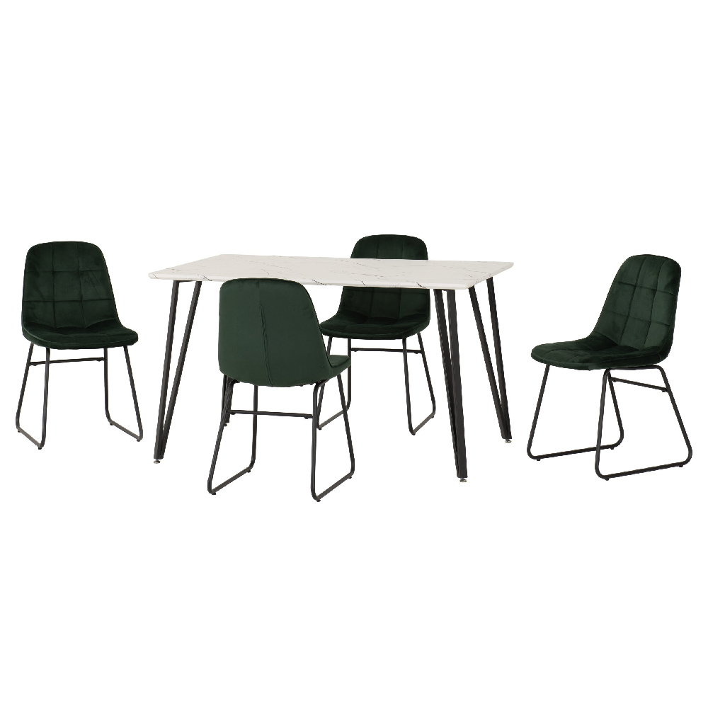 Mequon White Marble Effect Dining Table With 4 Lyster Green Chairs