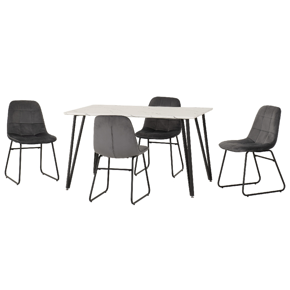 Mequon White Marble Effect Dining Table With 4 Lyster Grey Chairs