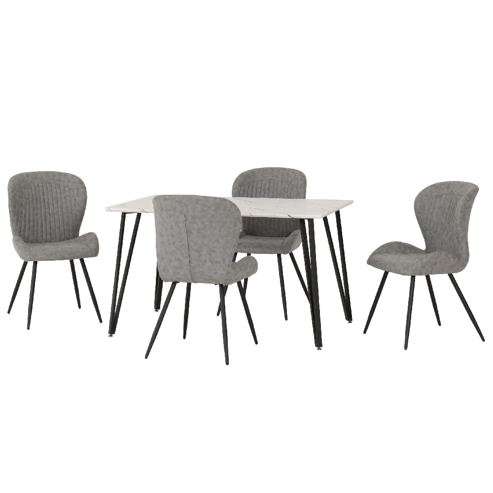 Mequon White Marble Effect Dining Table With 4 Qinson Grey Chairs
