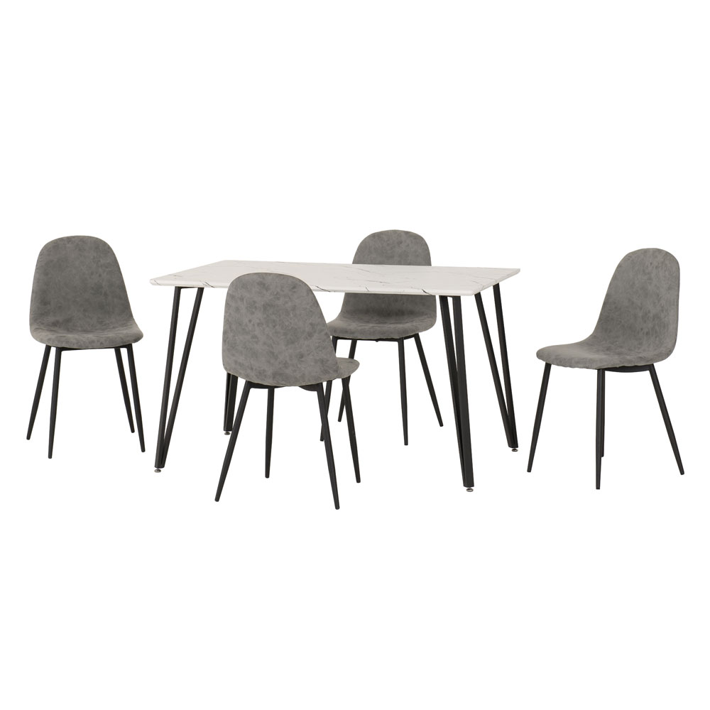 Mequon White Marble Effect Top Dining Table with 4 Alsip Grey Chairs