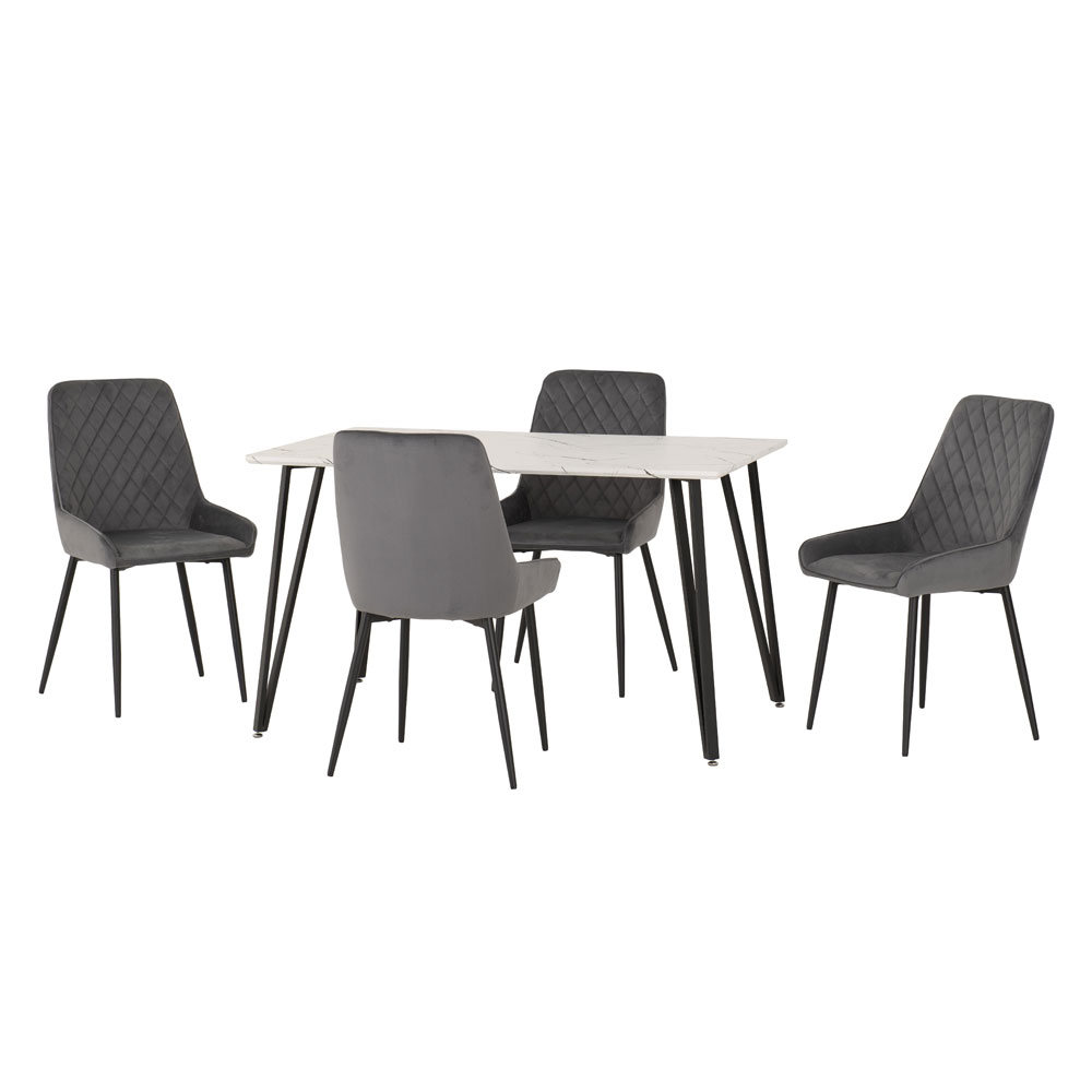 Mequon White Marble Effect Top Dining Table with 4 Avah Grey Chairs