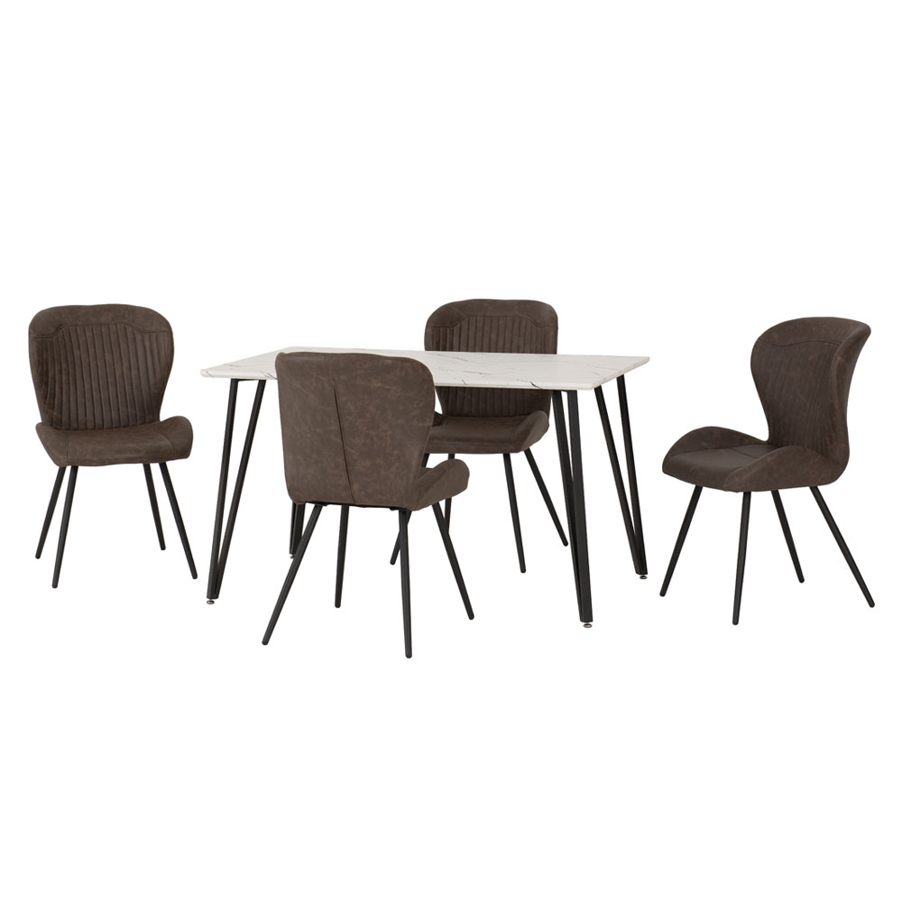 Mequon White Marble Effect Top Dining Table with 4 Brown Chairs