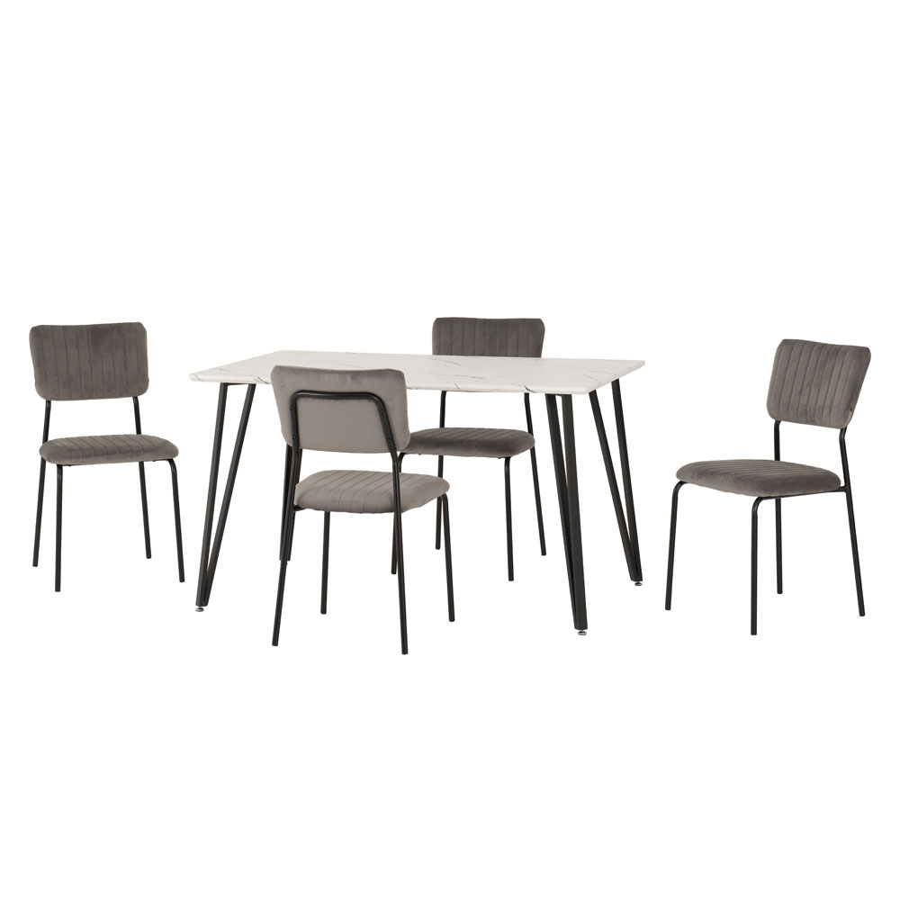 Mequon White Marble Effect Top Dining Table with 4 Grey Chairs