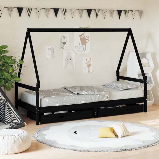 Merano Kids Solid Pine Wood Single Bed With Drawers In Black