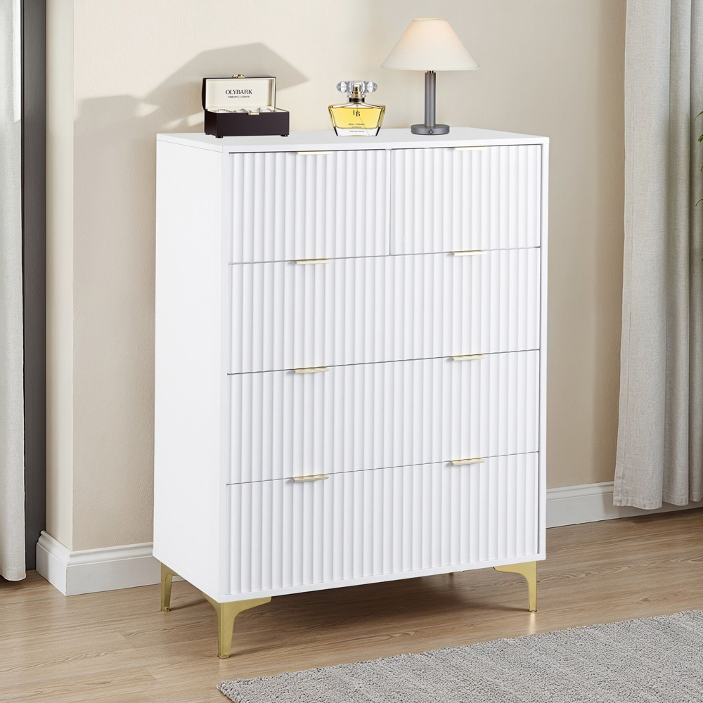 Merano Wooden Chest Of 5 Drawers in White and Gold