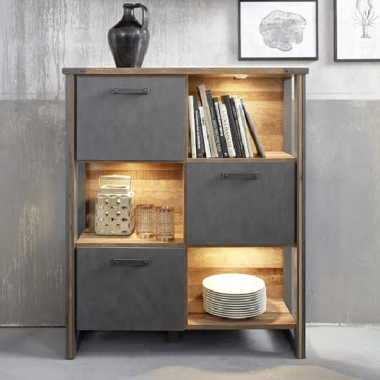 Photo of Merano wooden shelving unit in old wood and matera grey and led