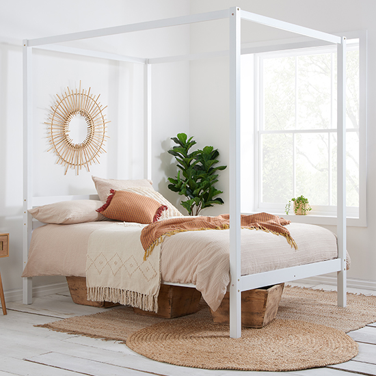 Product photograph of Mercia Pine Wood Four Poster Double Bed In White from Furniture in Fashion