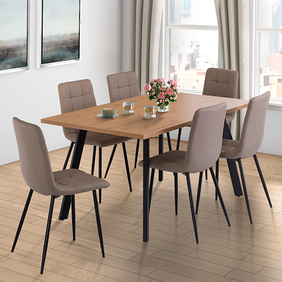 Mercoz Wooden Dining Table In Oak With 6 Virti Taupe Chairs_1