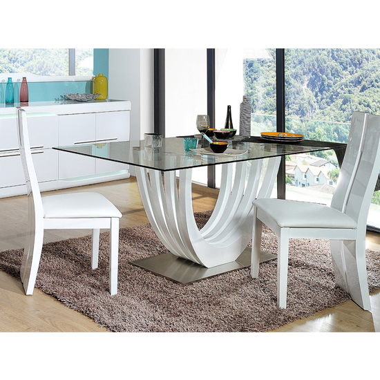 Merida Clear Glass Dining Table With White High Gloss Base | Furniture in Fashion