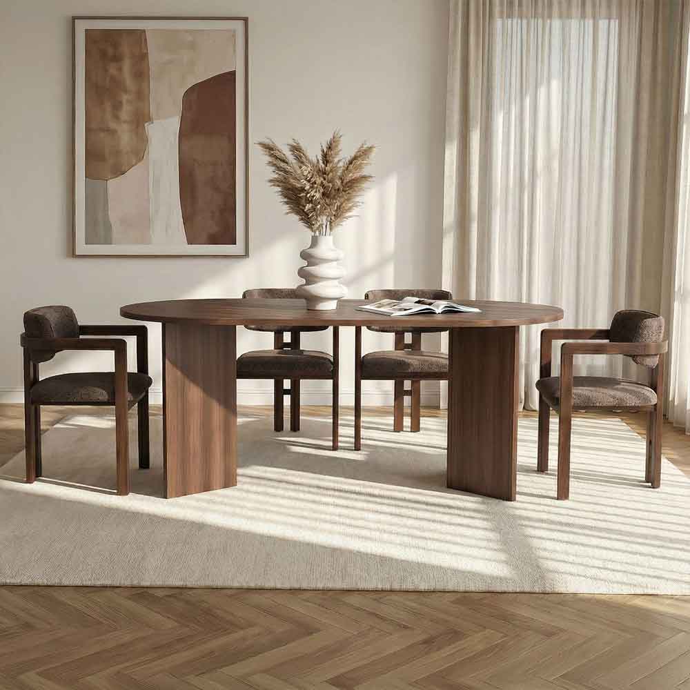 Meridale Milano Walnut Oval Wooden Dining Table with 4 Brown Chairs
