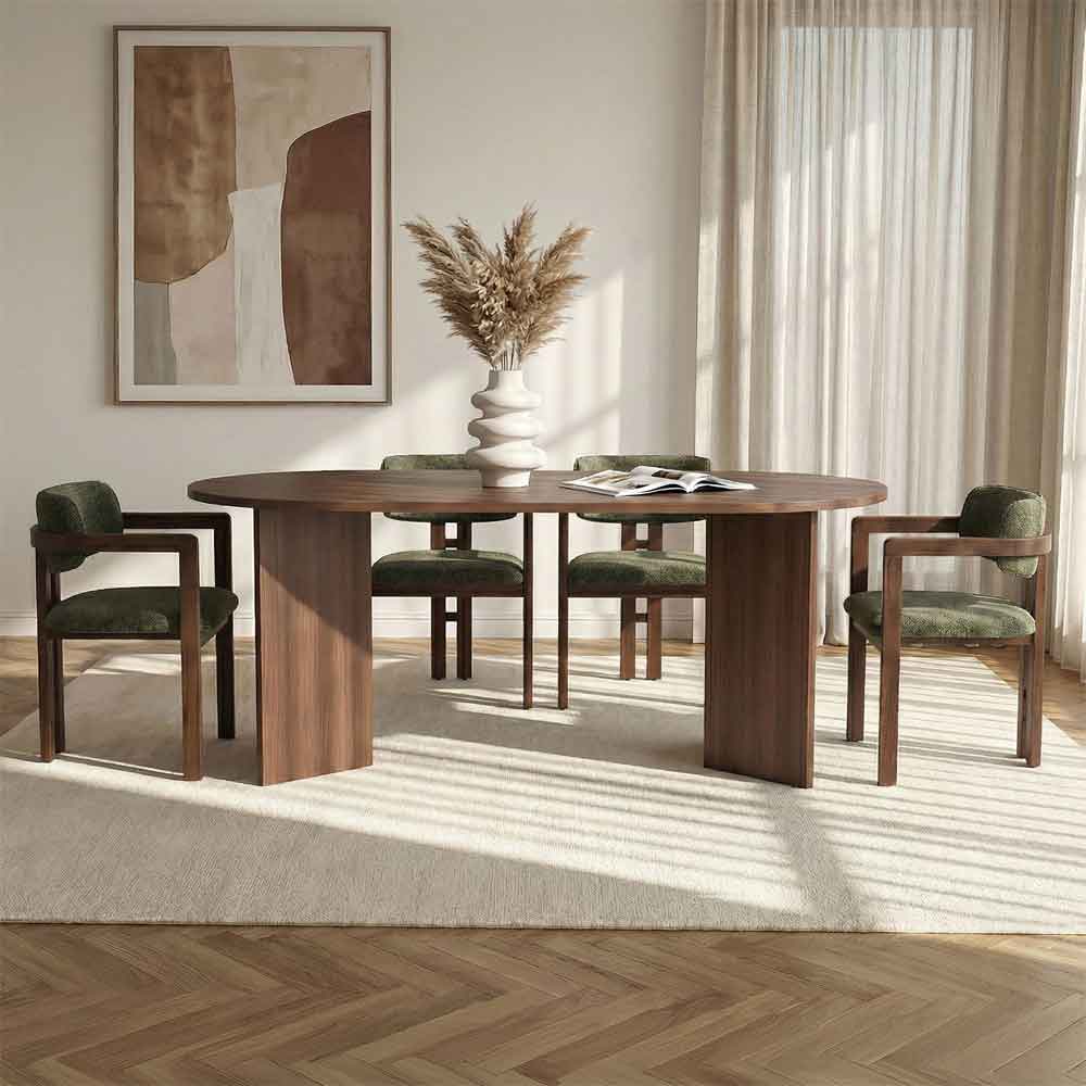 Meridale Milano Walnut Oval Wooden Dining Table with 4 Green Chairs