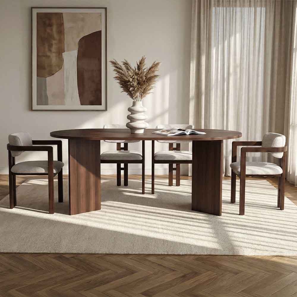 Meridale Milano Walnut Oval Wooden Dining Table with 4 White Chairs