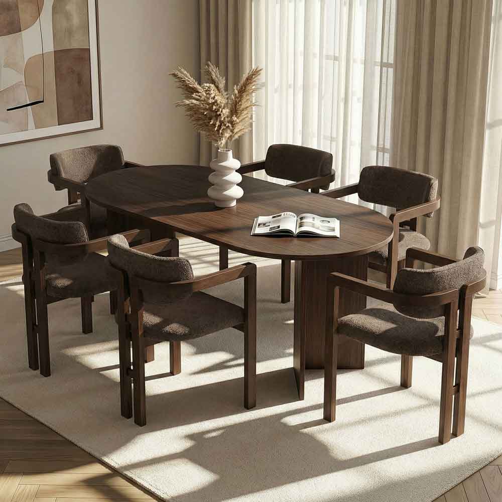 Meridale Milano Walnut Oval Wooden Dining Table With 6 Brown Chairs