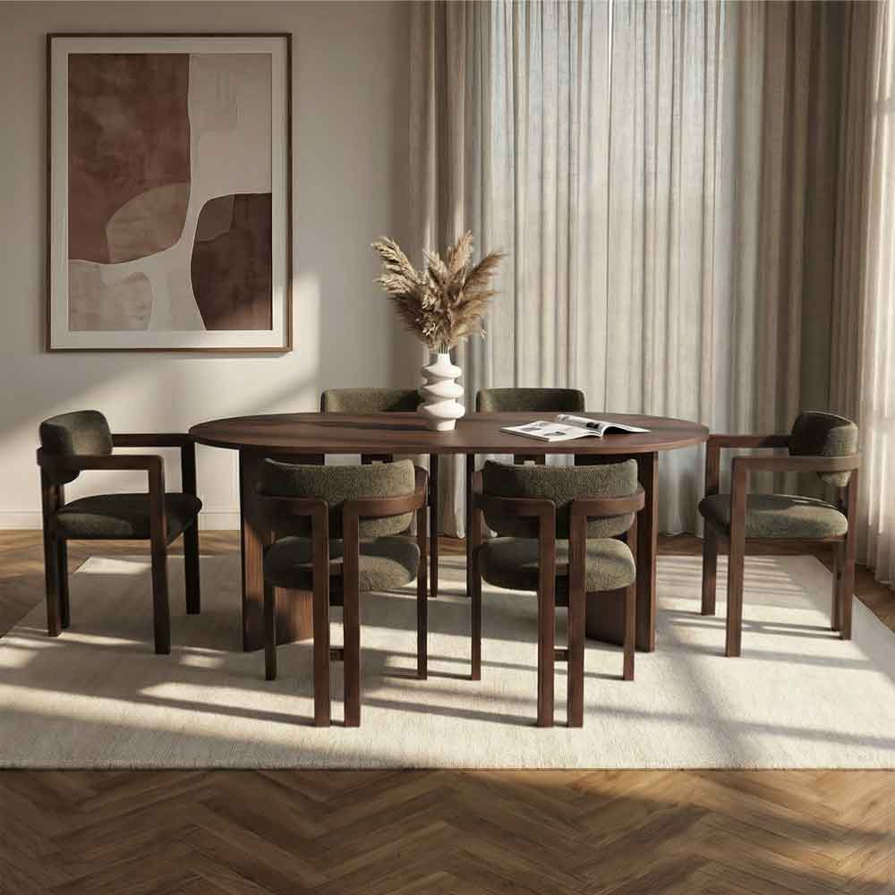 Meridale Milano Walnut Oval Wooden Dining Table with 6 Green Chairs