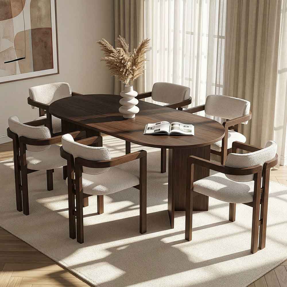 Meridale Milano Walnut Oval Wooden Dining Table With 6 White Chairs