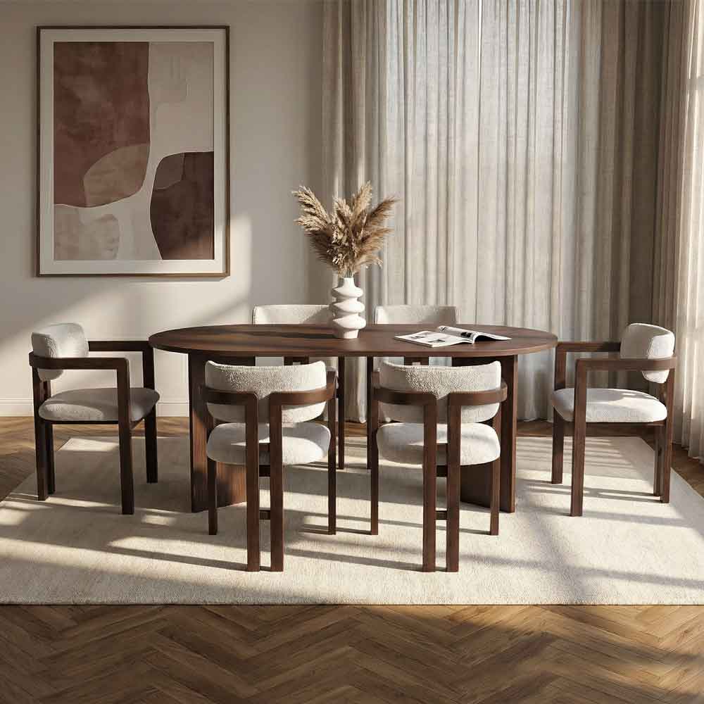 Meridale Milano Walnut Oval Wooden Dining Table with 6 White Chairs