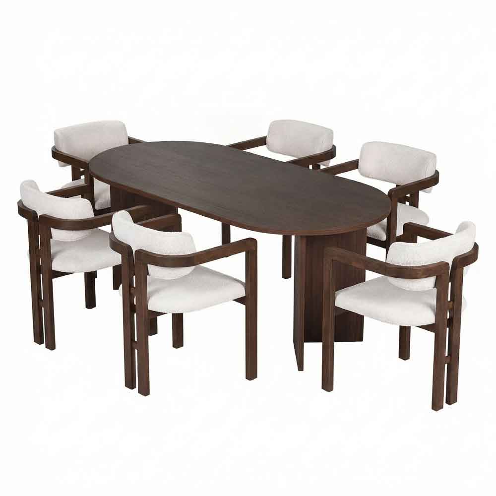 Meridale Milano Walnut Oval Wooden Dining Table with 6 White Chairs