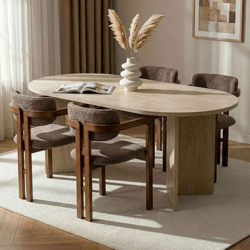 Meridale Travertine Marble Effect Oval Wooden Dining Table with 4 Brown Chairs