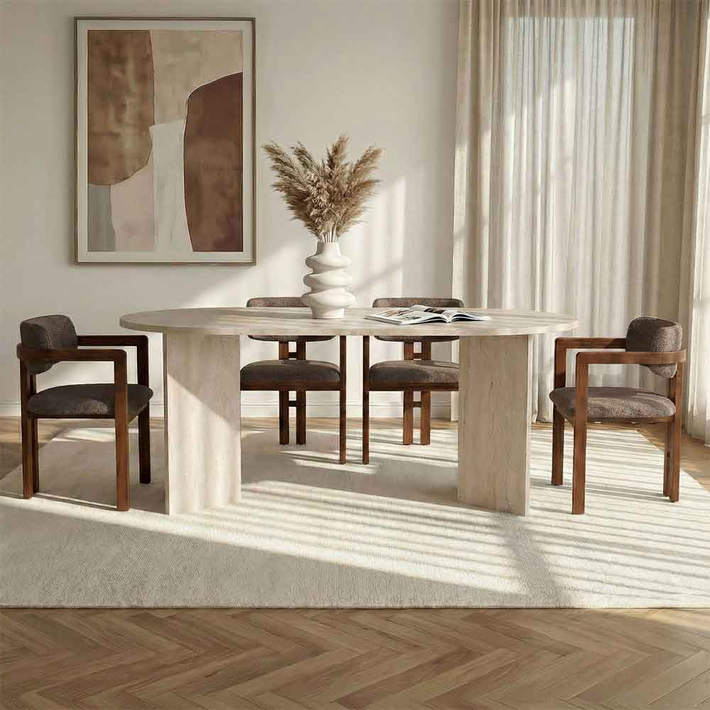 Meridale Travertine Marble Effect Oval Wooden Dining Table with 4 Brown Chairs