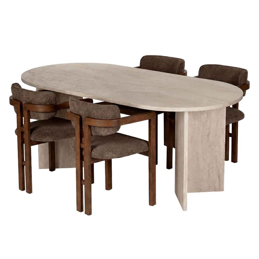 Meridale Travertine Marble Effect Oval Wooden Dining Table with 4 Brown Chairs