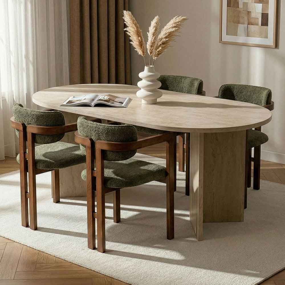 Meridale Travertine Marble Effect Oval Wooden Dining Table with 4 Green Chairs