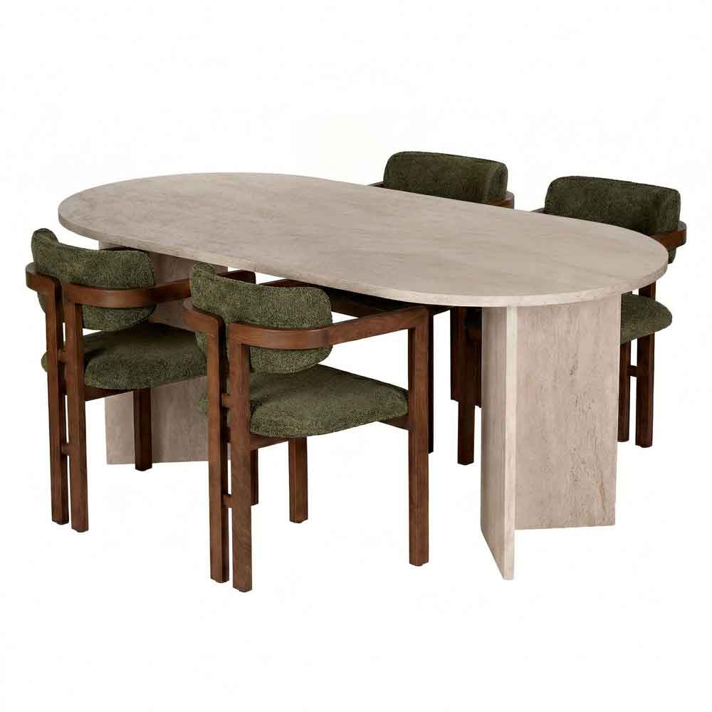 Meridale Travertine Marble Effect Oval Wooden Dining Table with 4 Green Chairs