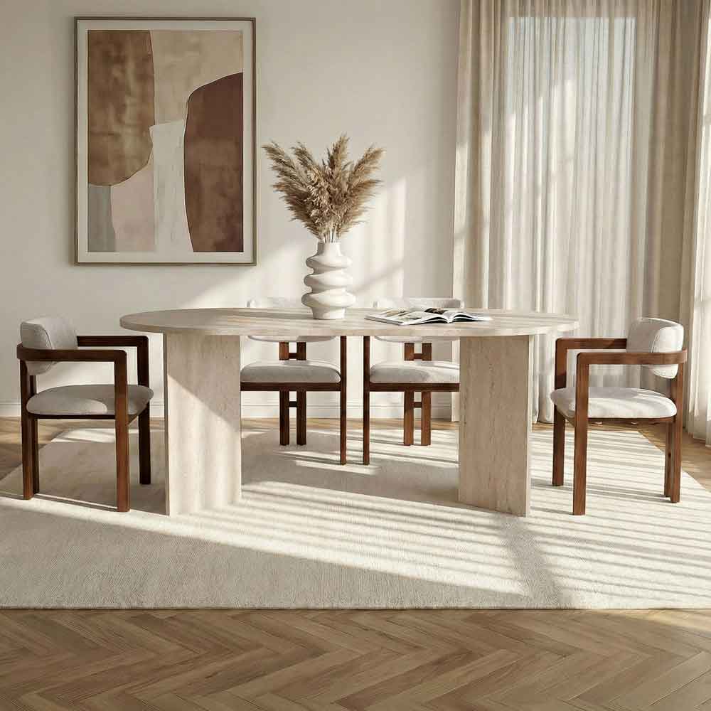 Meridale Travertine Marble Effect Oval Wooden Dining Table with 4 White Chairs