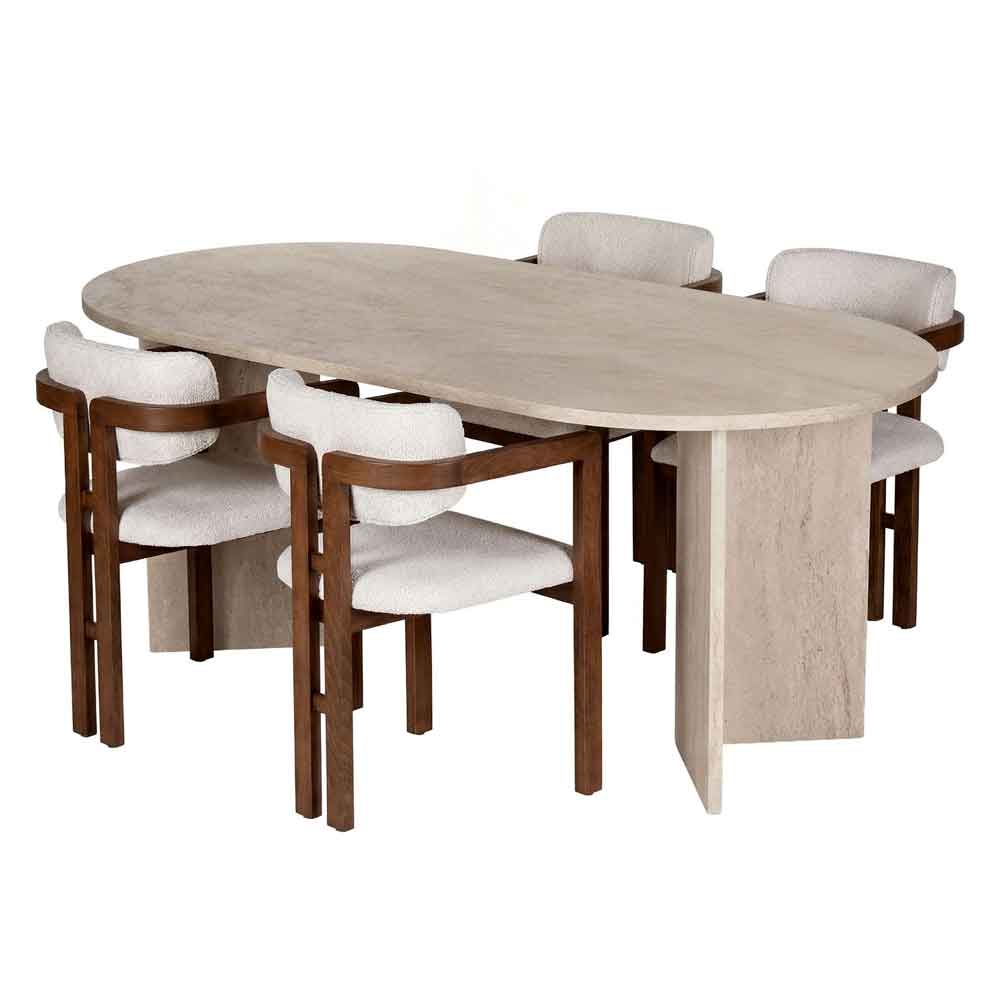 Meridale Travertine Marble Effect Oval Wooden Dining Table with 4 White Chairs