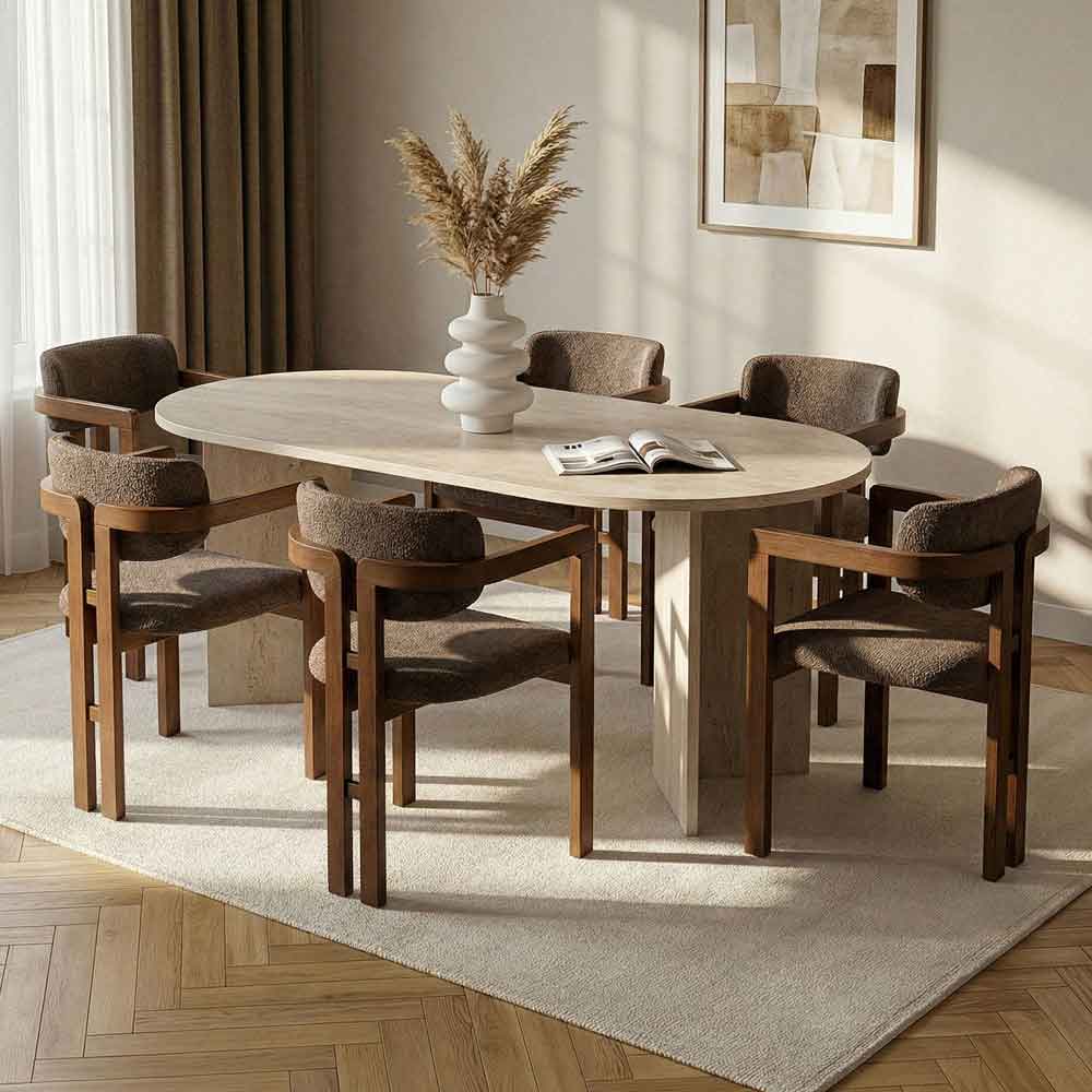 Meridale Travertine Marble Effect Oval Wooden Dining Table With 6 Brown Chairs