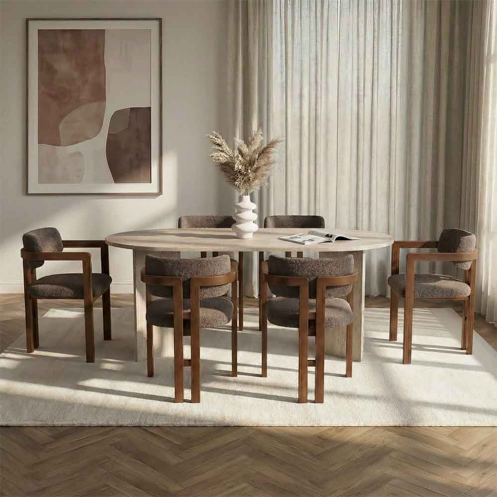 Meridale Travertine Marble Effect Oval Wooden Dining Table with 6 Brown Chairs