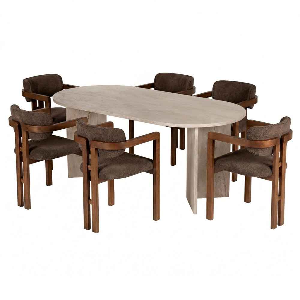 Meridale Travertine Marble Effect Oval Wooden Dining Table with 6 Brown Chairs