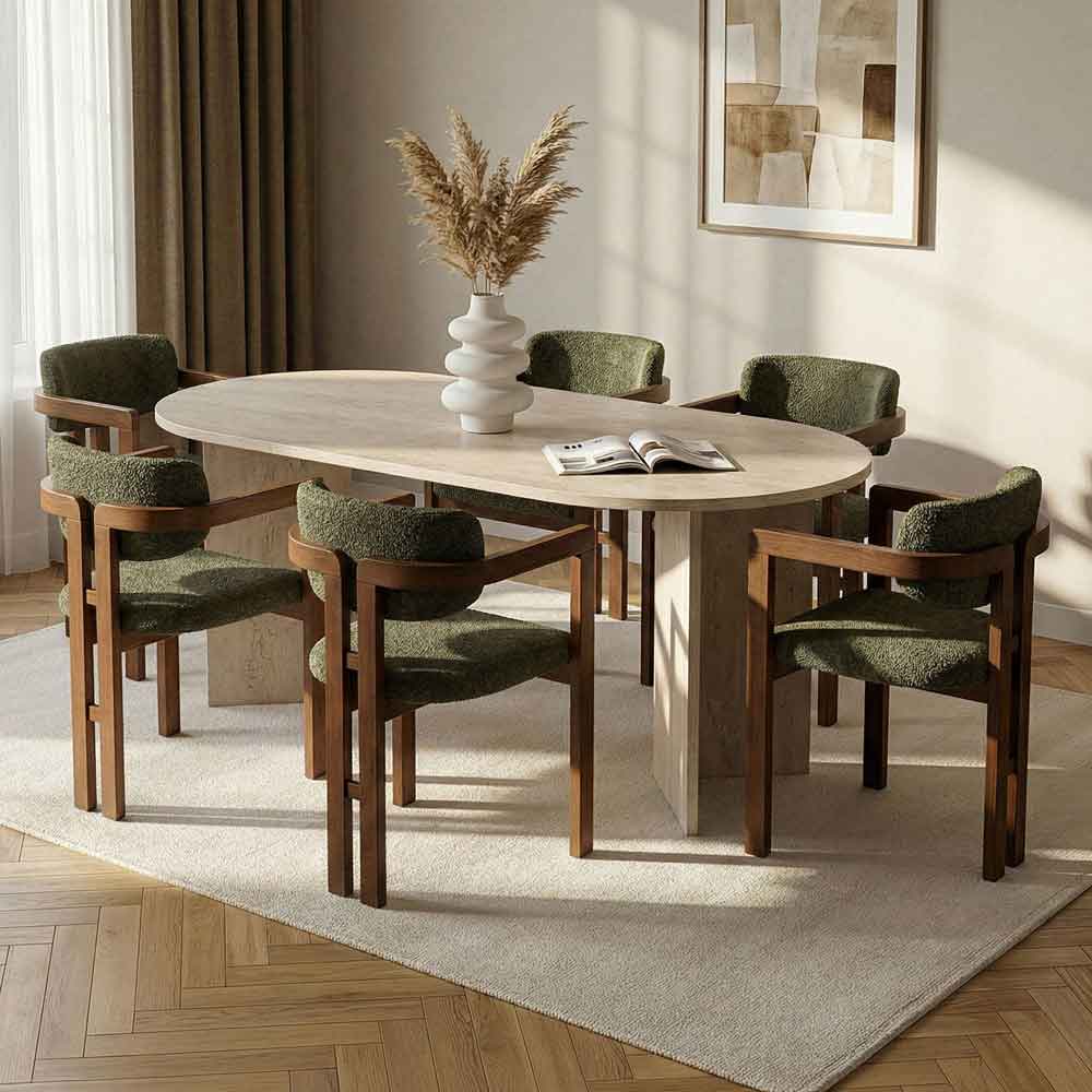 Meridale Travertine Marble Effect Oval Wooden Dining Table with 6 Green Chairs