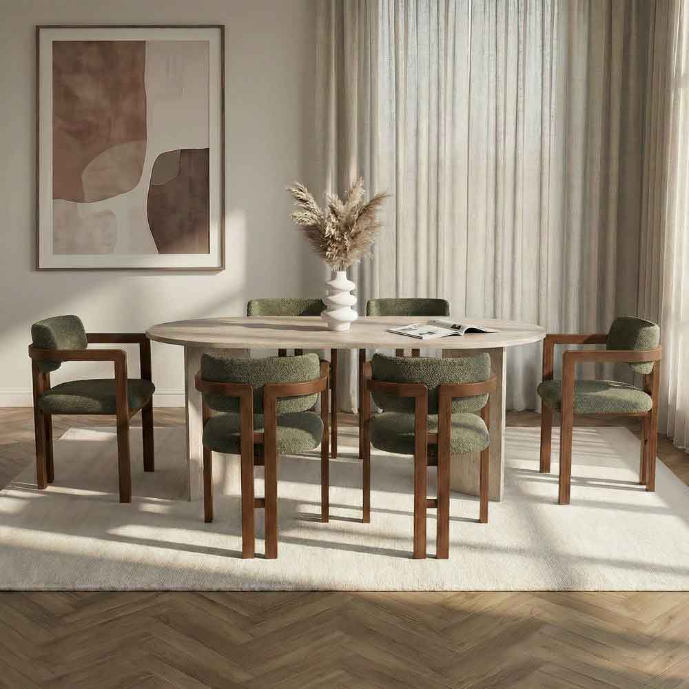 Meridale Travertine Marble Effect Oval Wooden Dining Table with 6 Green Chairs
