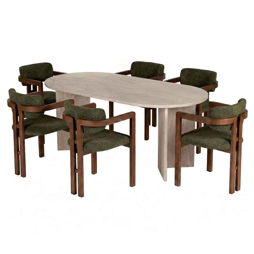 Meridale Travertine Marble Effect Oval Wooden Dining Table with 6 Green Chairs