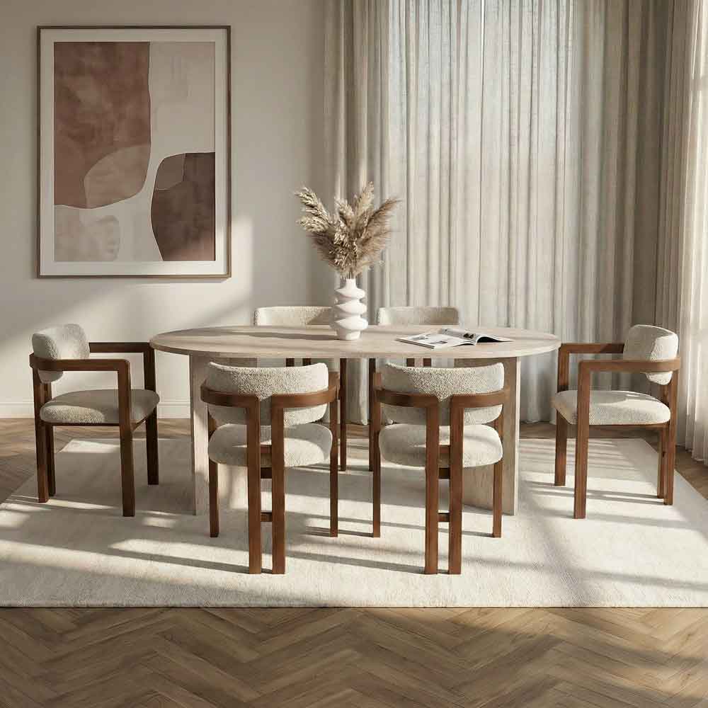 Meridale Travertine Marble Effect Oval Wooden Dining Table with 6 White Chairs